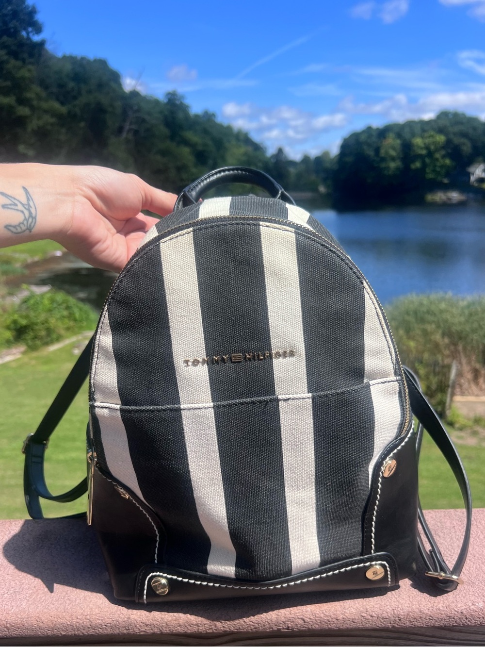 Tommy Hilfiger Black & White Striped Canvas Mini Backpack